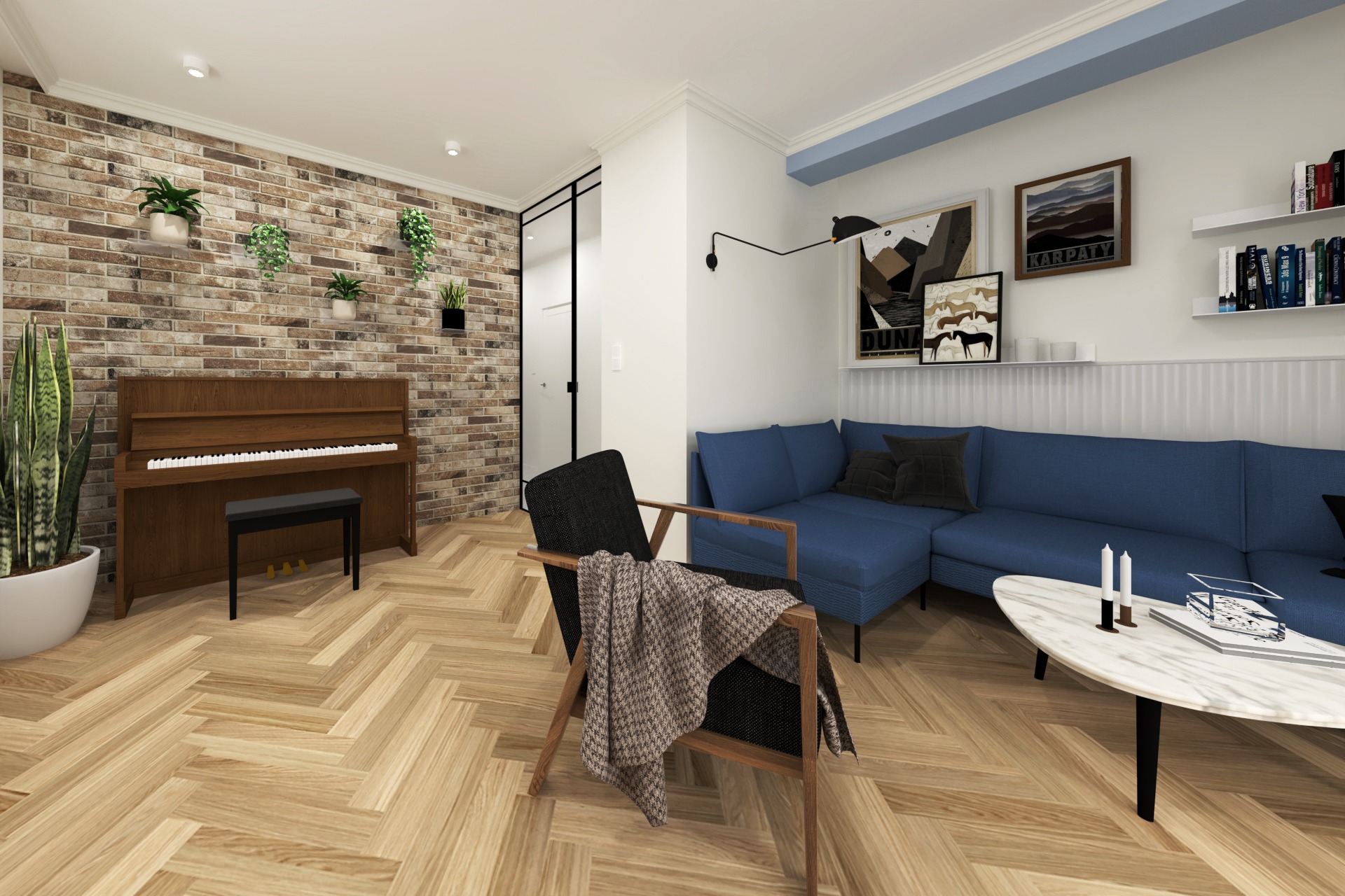 Salon z ceglaną ścianą, pianinem, niebieską sofą narożną i drewnianą podłogą w jodełkę, oświetlony punktowo, z dekoracjami ściennymi i roślinami doniczkowymi.