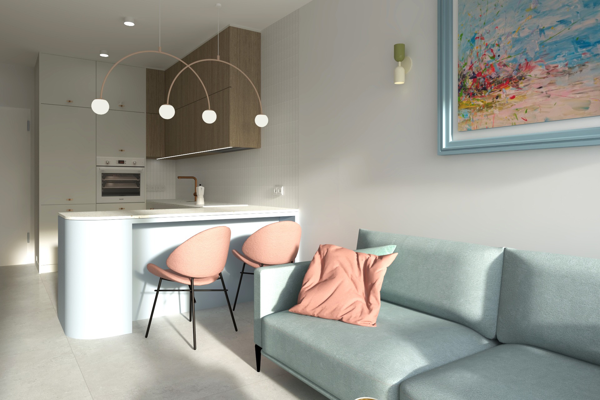 Wnętrze otwartej przestrzeni z kuchnią i salonem w pastelowych kolorach, z abstrakcyjnym obrazem na ścianie i lampą sufitową z trzema kulami.