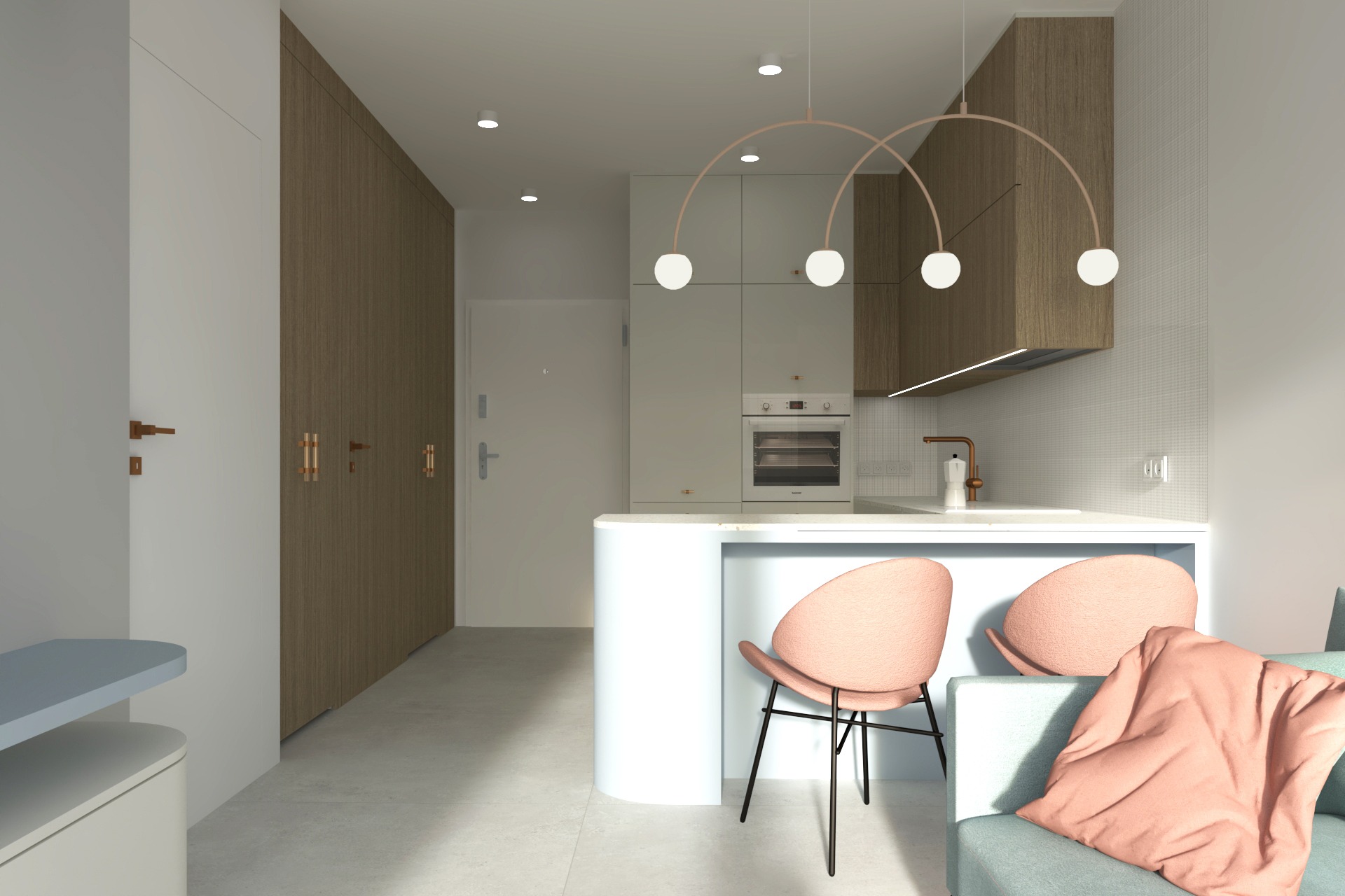 Wizualizacja jasnego wnętrza z otwartą kuchnią, pastelowymi krzesłami i oryginalną lampą z kulistymi kloszami.
