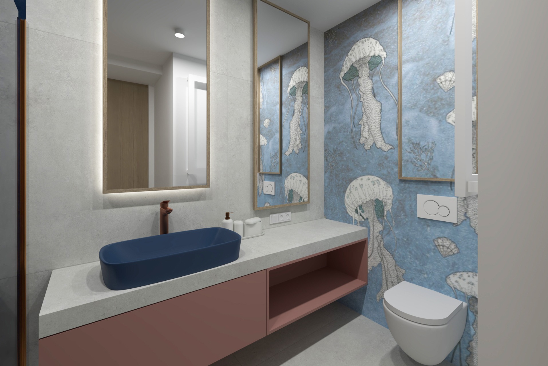 Wizualizacja łazienki z niebieską tapetą w meduzy, podwójnym lustrem z podświetleniem LED, granatową umywalką nablatową i toaletą wiszącą.