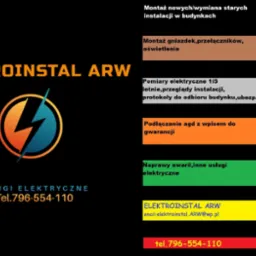 Logo firmy Elektroinstal ARW z symbolem błyskawicy i ofertą usług elektrycznych, w tym montaż gniazdek, pomiary, podłączanie AGD i naprawy, oraz przykłady przewodów elektrycznych w przekroju.