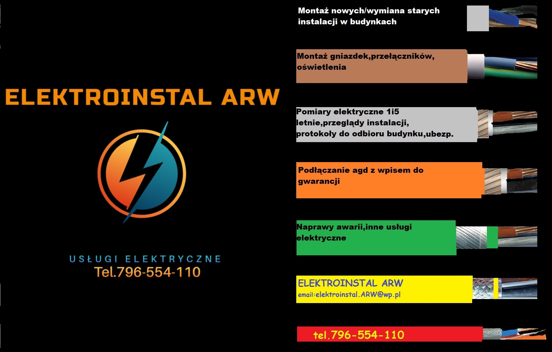 Logo firmy Elektroinstal ARW z symbolem błyskawicy i ofertą usług elektrycznych, w tym montaż gniazdek, pomiary, podłączanie AGD i naprawy, oraz przykłady przewodów elektrycznych w przekroju.