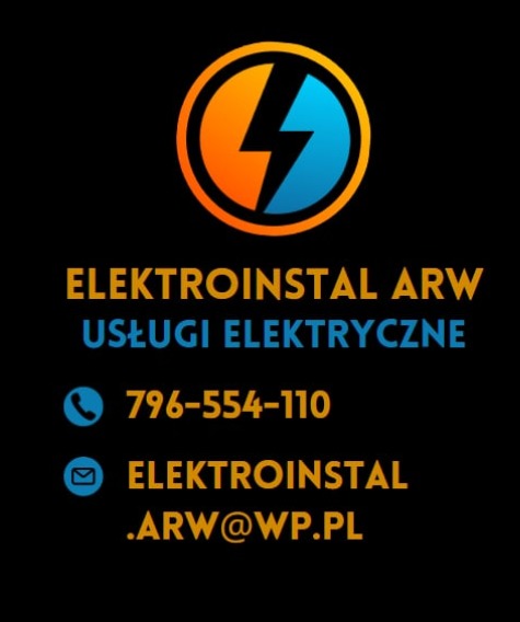 Logo firmy Elektroinstal ARW z Sochaczewa, oferującej usługi elektryczne. Widoczny numer telefonu i adres e-mail na czarnym tle.