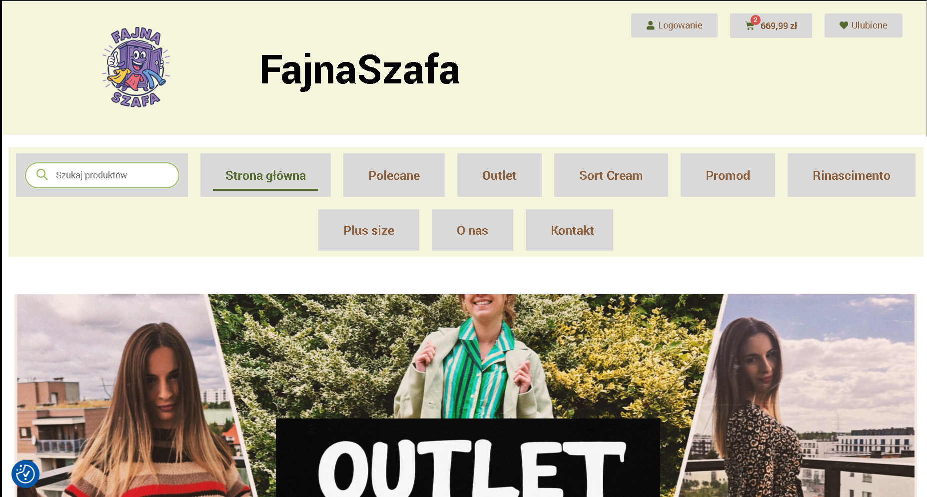 Fragment strony internetowej sklepu FajnaSzafa.pl z odzieżą outletową, z widocznym logo, menu nawigacyjnym i sliderem z modelkami. Jasna kolorystyka i czytelny układ.