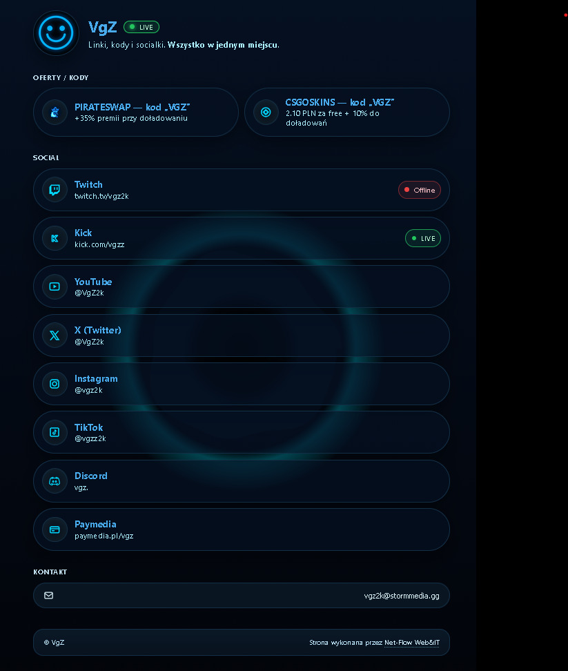 Gamingowa strona VGZ: linki, kody i social media. Intuicyjny interfejs, płynne animacje, responsywny projekt w HTML, CSS i JS, z naciskiem na UX i branding osobisty.