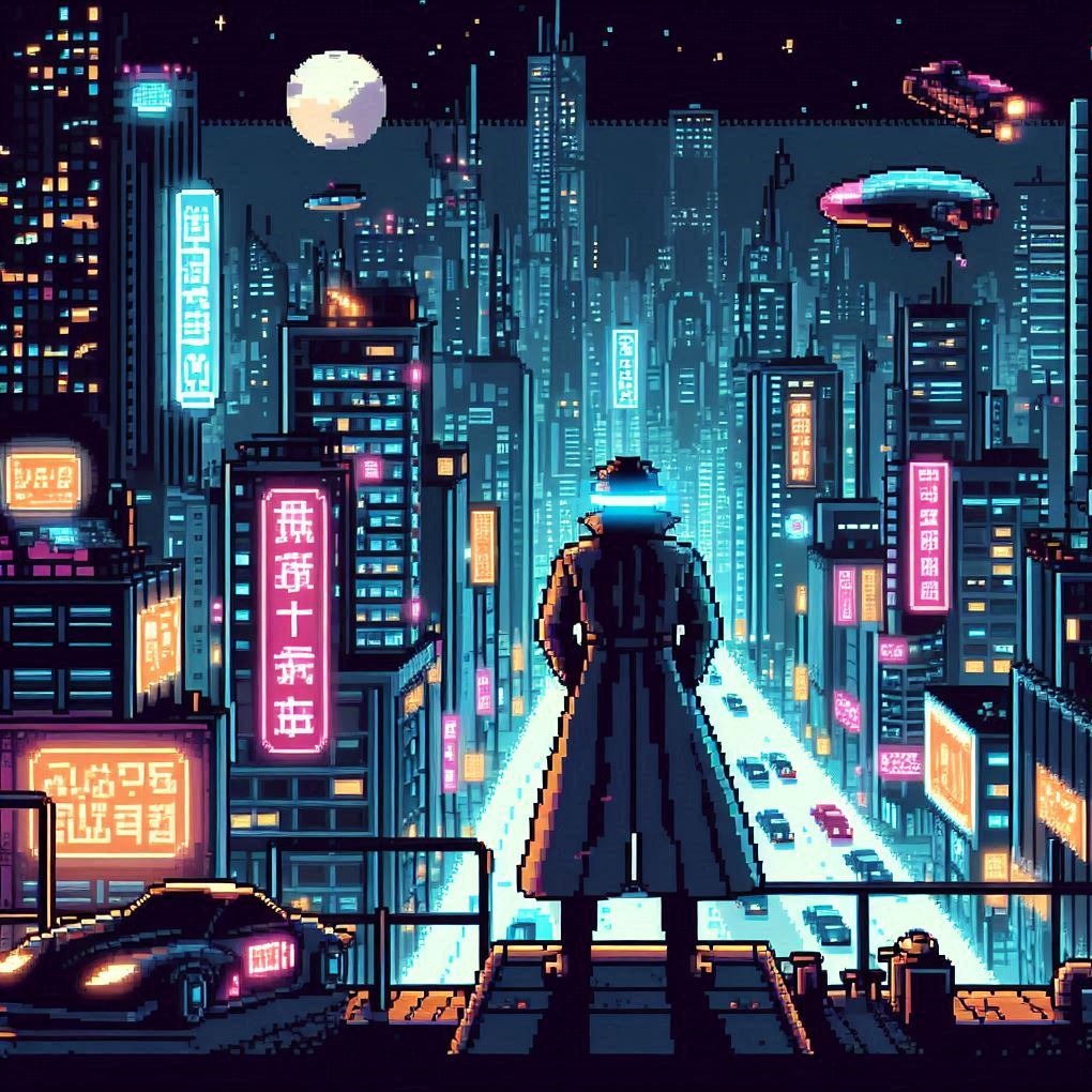 Pixel art przedstawiający postać w płaszczu i kapeluszu z podświetleniem neonowym, stojącą na dachu i spoglądającą na futurystyczne miasto nocą z latającymi pojazdami i neonowymi reklamami.