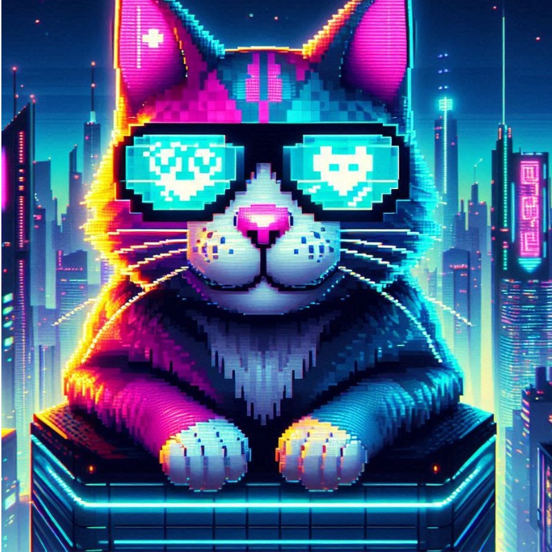 Pikselowy kot w neonowych okularach z motywami serc, na tle futurystycznego miasta w stylu cyberpunk, oświetlonego neonowymi światłami.