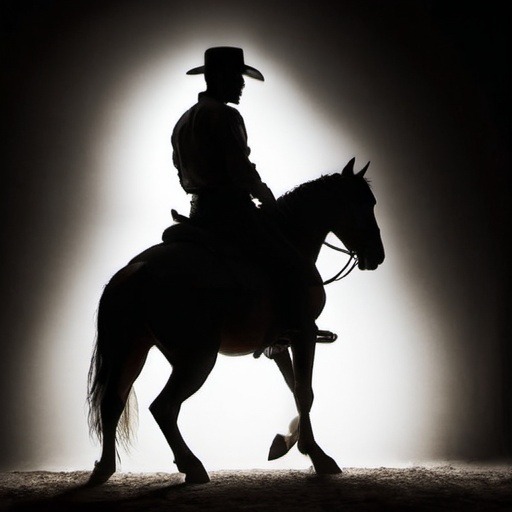 Silhouetted cowboy on horseback, dramatic backlighting emphasizes the rider's hat and the horse's powerful stance.