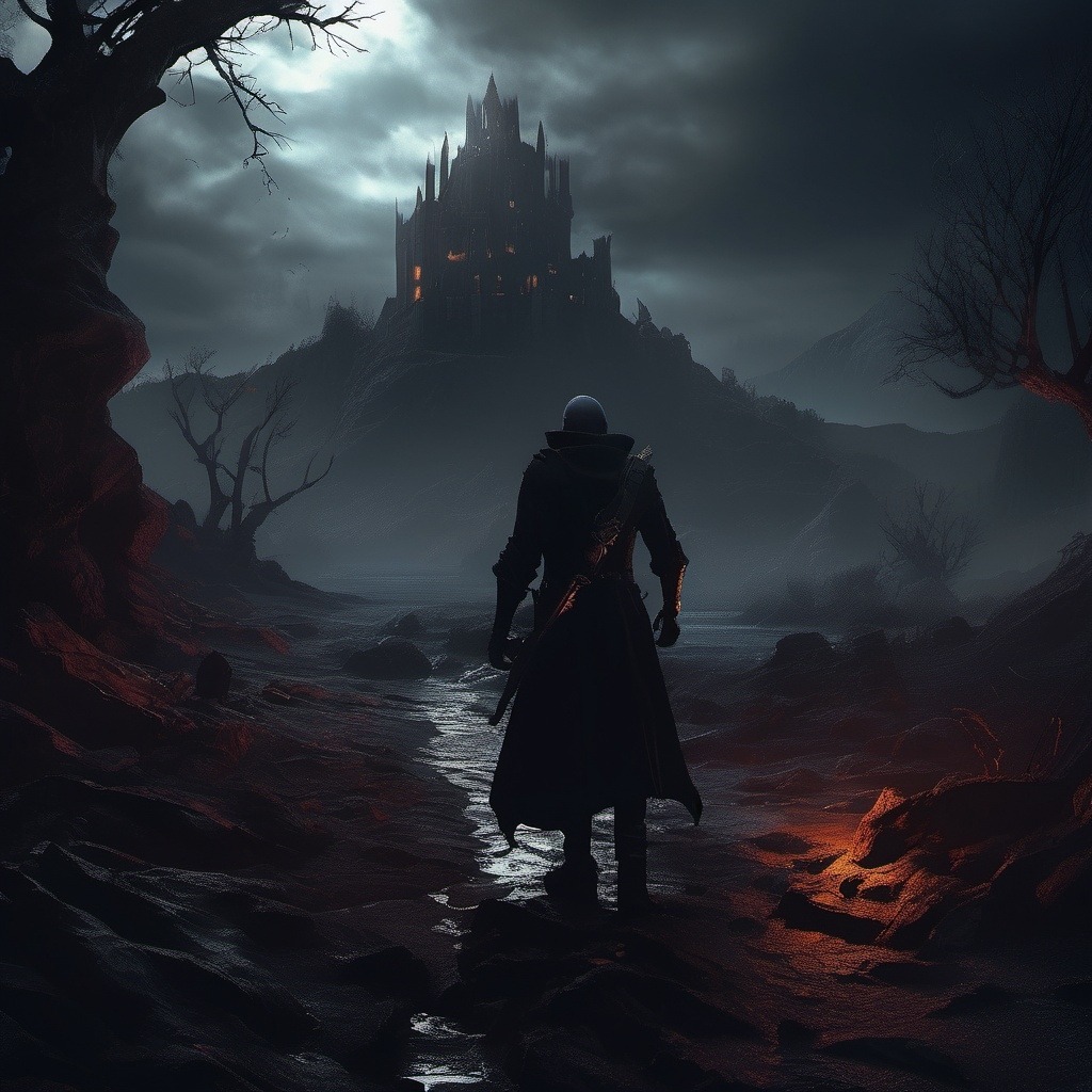 Mroczny krajobraz z sylwetką postaci w płaszczu, idącej w kierunku zamku na wzgórzu, pod pochmurnym niebem. Ogniste refleksy oświetlają ścieżkę.