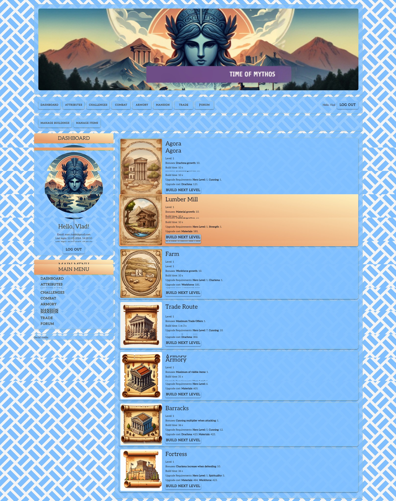 Wstępny widok gry przeglądarkowej - strona budynków gracza