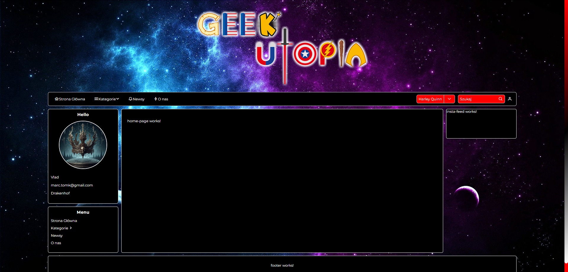 Szkic portalu informacyjnego o superbohaterach (skórka Harley Quinn), widok zalogowanego użytkownika.