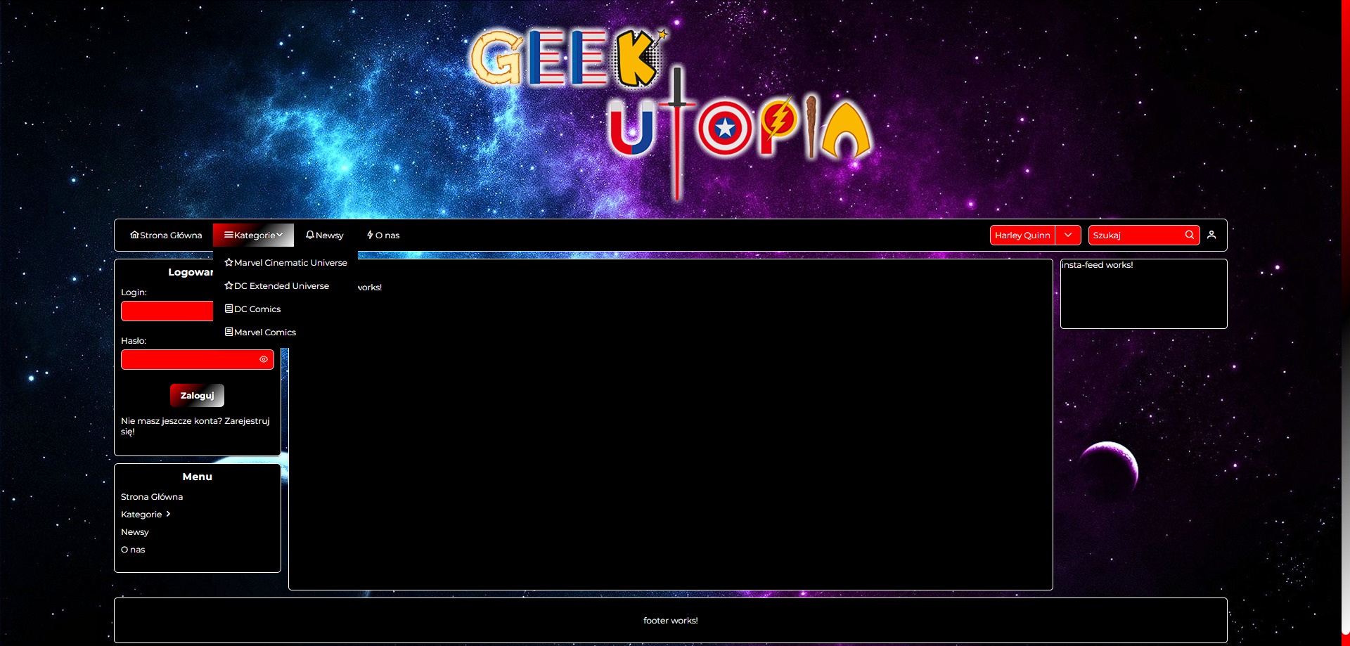 Szkic portalu informacyjnego o superbohaterach (skórka Harley Quinn), widok niezalogowanego użytkownika z otwartym menu.
