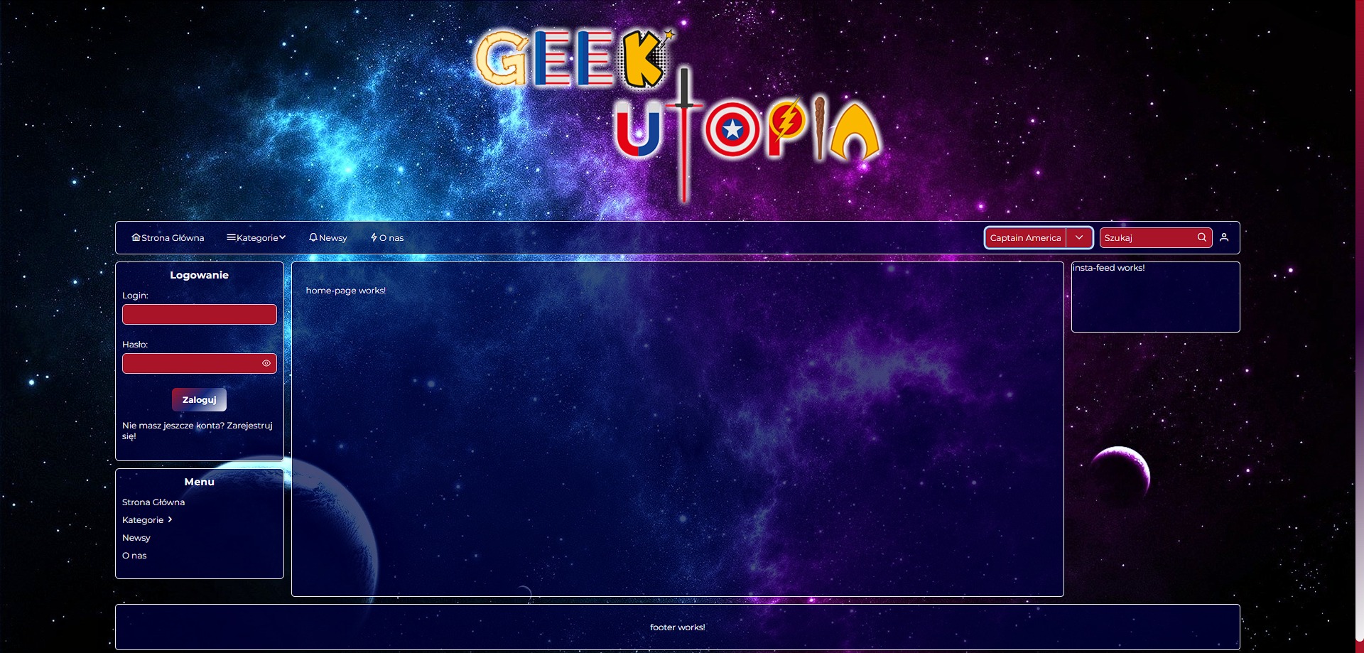 Szkic portalu informacyjnego o superbohaterach (skórka Kapitan Ameryka), widok niezalogowanego użytkownika.
