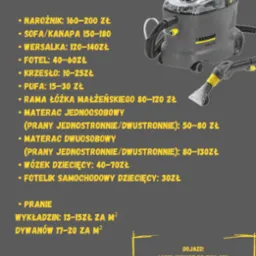 Cennik usług prania tapicerki i dywanów z użyciem profesjonalnego sprzętu Karcher. Zawiera ceny za narożniki, sofy, wersalki, fotele, krzesła, pufy i materace.