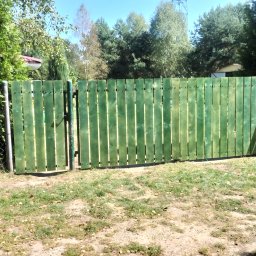 Sabinex - Zielony, drewniany płot z furtką, widziany z zewnątrz posesji, na tle drzew i częściowo widocznych budynków.