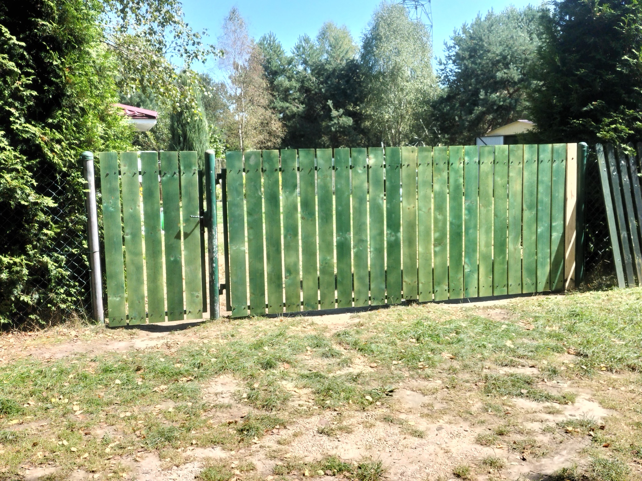 Zielony, drewniany płot z furtką, widziany z zewnątrz posesji, na tle drzew i częściowo widocznych budynków.