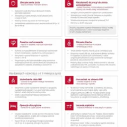 Infografika prezentująca różne aspekty ubezpieczenia na życie i zdrowie oferowanego przez Ergo Hestia, z ikonami symbolizującymi korzyści, takie jak ochrona finansowa bliskich, wsparcie w przypadku...