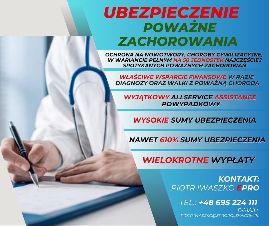 Lekarz w białym fartuchu wypełnia dokumenty na niebieskim podkładzie, w tle informacje o ubezpieczeniu na wypadek poważnych zachorowań i dane kontaktowe.