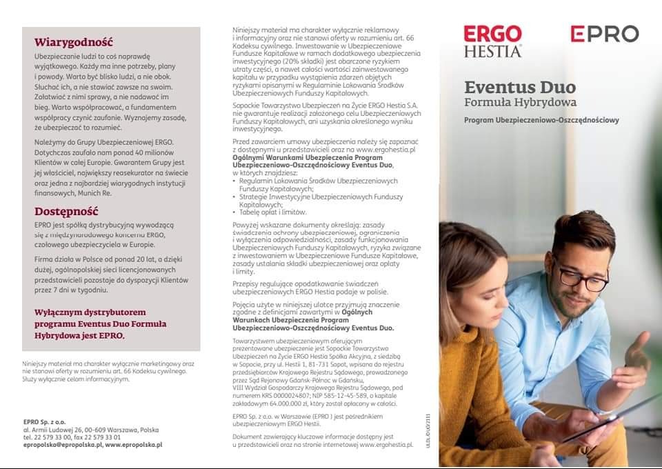 Uśmiechnięci doradcy przeglądają ofertę ubezpieczeniową na tablecie, w tle logo Ergo Hestia i EPRO oraz opis programu Eventus Duo Formuła Hybrydowa.