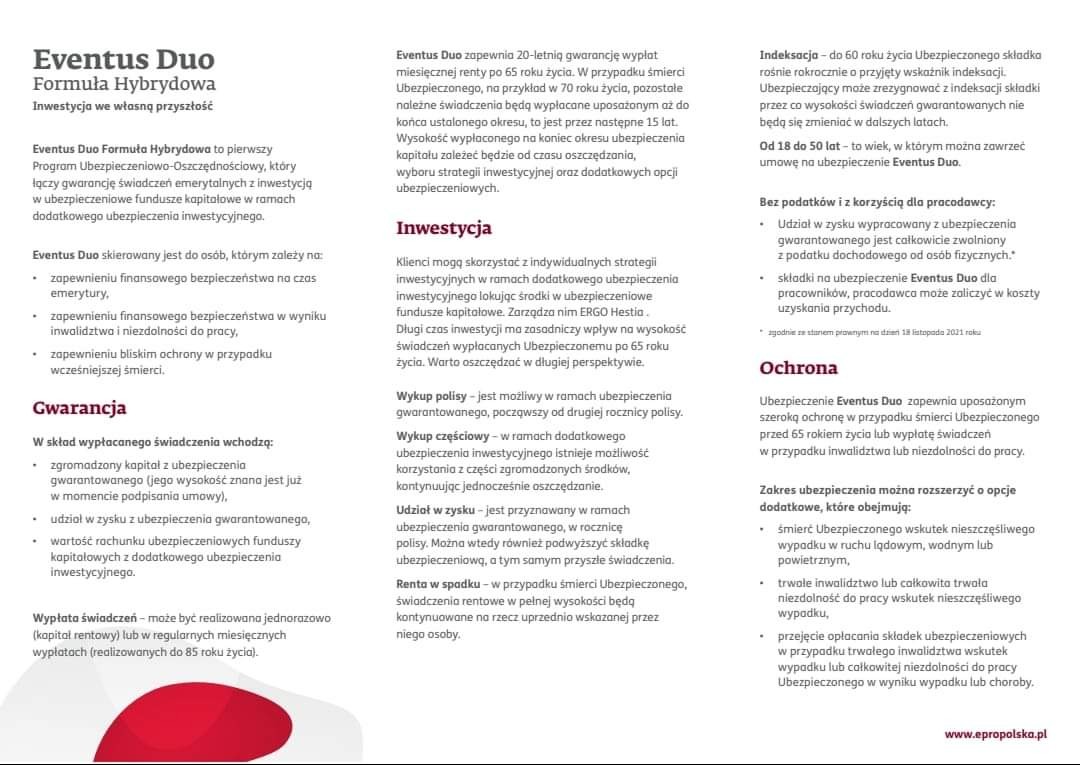 Ulotka informacyjna o hybrydowym programie ubezpieczeniowo-oszczędnościowym Eventus Duo, łączącym inwestycje i gwarancje świadczeń emerytalnych, z informacjami o gwarancji kapitału, inwestycjach...