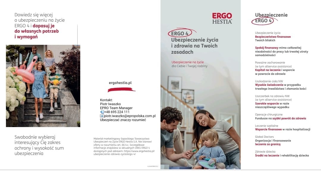 Ulotka reklamowa firmy ubezpieczeniowej Ergo Hestia, prezentująca ofertę ubezpieczenia na życie i zdrowie, z wizerunkami rodziny na schodach oraz rodziców z dzieckiem w domu.