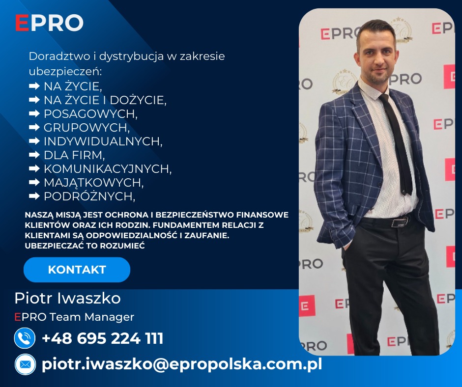 Mężczyzna w granatowej marynarce w kratę i czarnym krawacie na tle firmowej grafiki z ofertą doradztwa i dystrybucji w zakresie ubezpieczeń.
