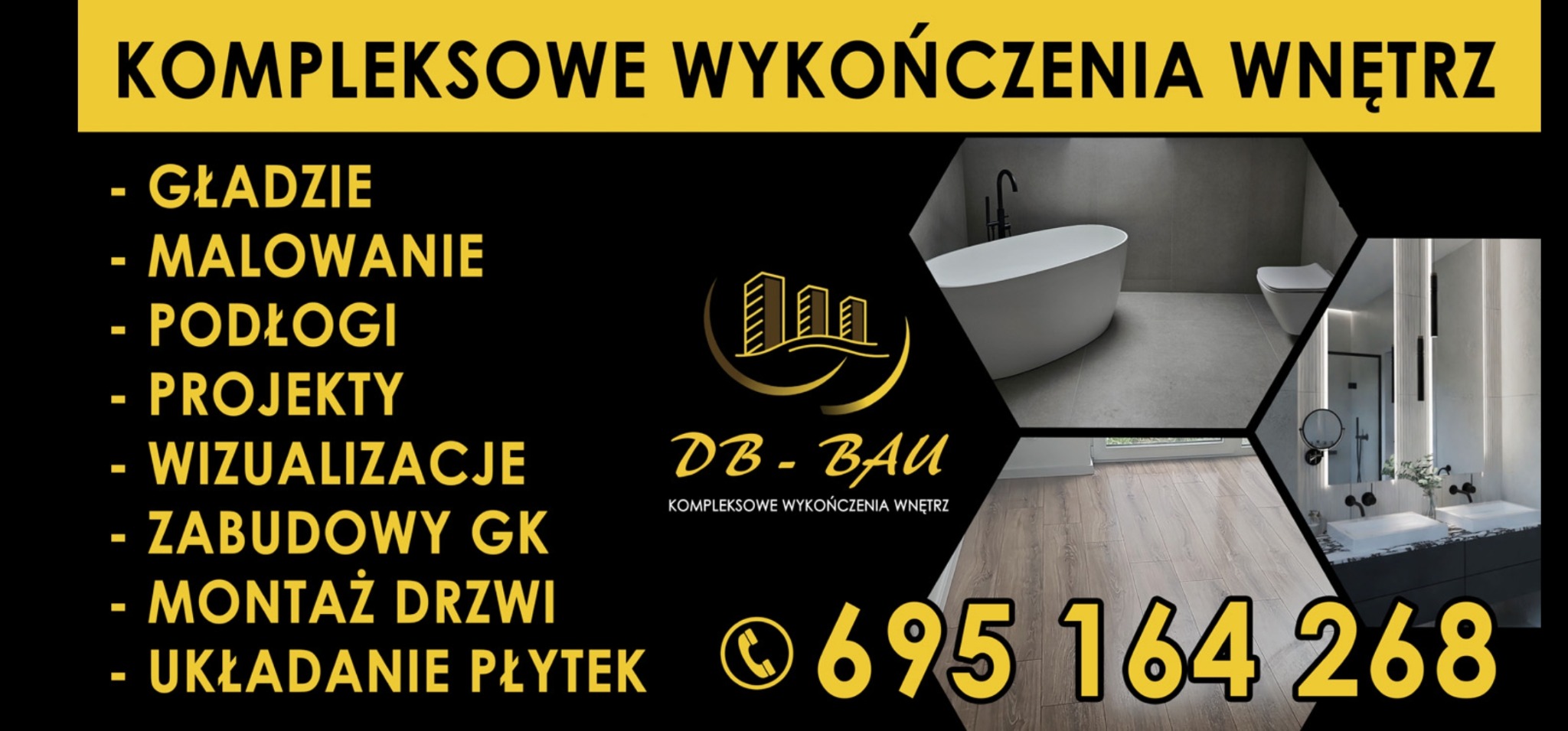 Baner reklamowy firmy DB-BAU oferującej kompleksowe wykończenia wnętrz, prezentujący wizualizacje łazienki z wanną wolnostojącą, toaletą podwieszaną i podwójną umywalką z lustrem podświetlanym LED,...