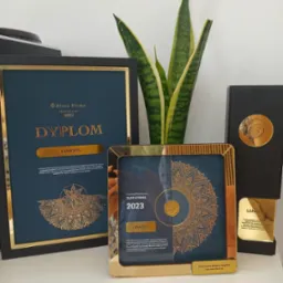 Dyplomy i statuetki konkursu Złota Firma Premium Club 2023, z dekoracyjną rośliną w tle, prezentowane na białym stole.