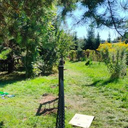 PAW-BUD Paweł Stopa - Metalowa siatka ogrodzeniowa w perspektywie, widok na zarośnięty ogród z żółtymi kwiatami w tle, na trawie leży karton i pusta butelka po napoju.