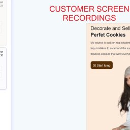Paweł Małkowski - Zrzut ekranu z nagłówkiem 'CUSTOMER SCREEN RECORDINGS' prezentujący ofertę kursu online 'Decorate and Sell Photo Perfect Cookies' z uśmiechniętą kobietą w stroju cukiernika z mąką na twarzy, obok...
