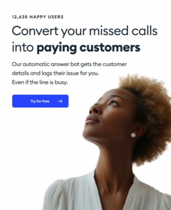 Kobieta patrzy w górę na tekst o konwersji nieodebranych połączeń w płacących klientów, z tekstem o automatycznym bocie odpowiadającym i przyciskiem 'Wypróbuj za darmo'.