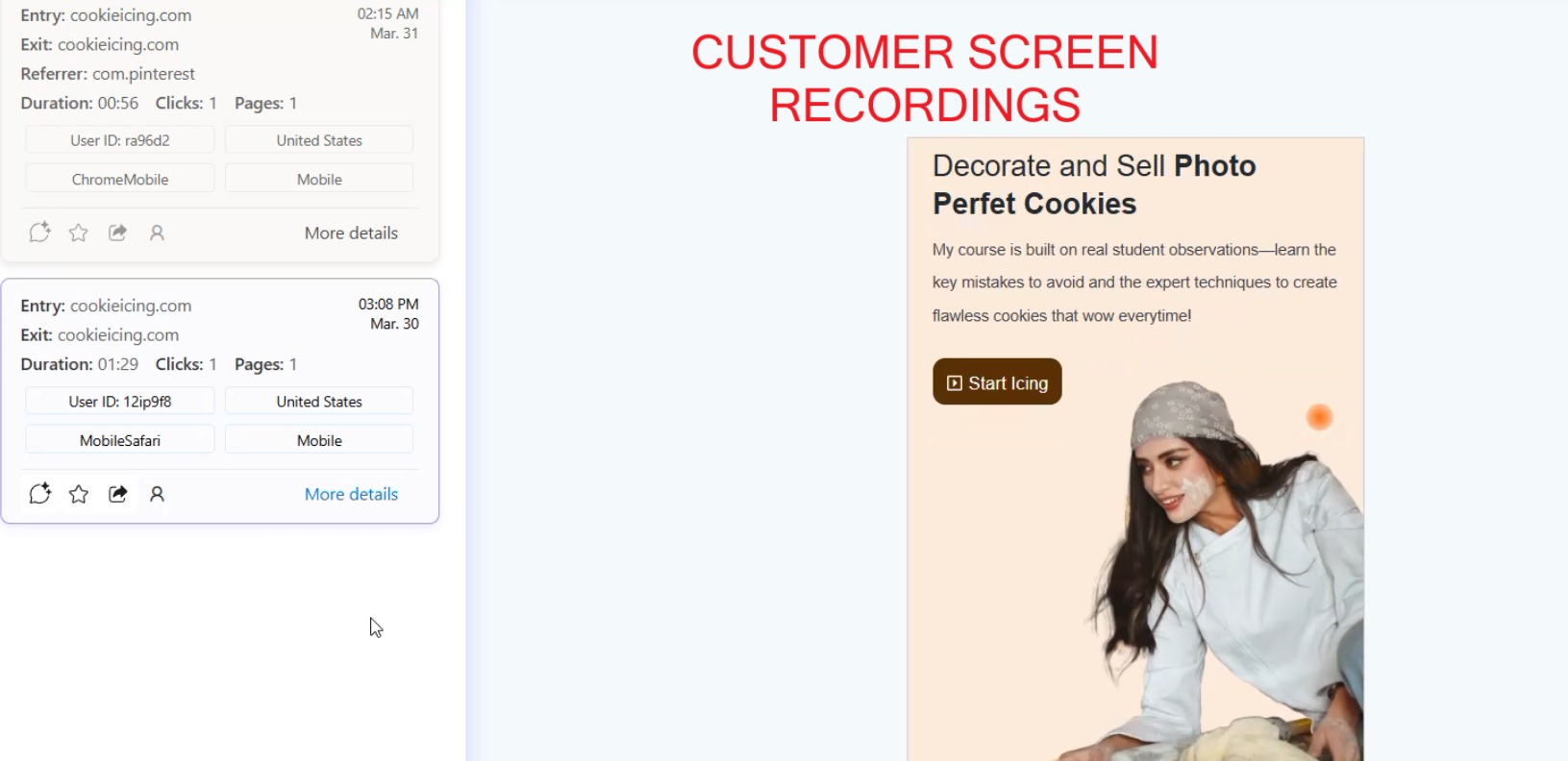 Zrzut ekranu z nagłówkiem 'CUSTOMER SCREEN RECORDINGS' prezentujący ofertę kursu online 'Decorate and Sell Photo Perfect Cookies' z uśmiechniętą kobietą w stroju cukiernika z mąką na twarzy, obok...