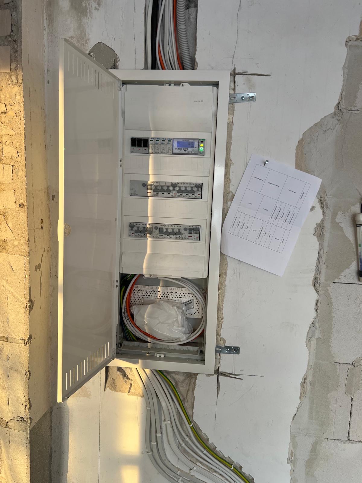 Otwarta skrzynka elektryczna z widocznymi bezpiecznikami, przewodami i schematem na ścianie w surowym stanie. Widoczne kable wchodzące do skrzynki.