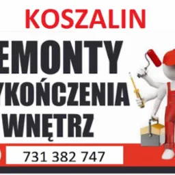 Grafika reklamowa firmy z Koszalina oferującej remonty i wykończenia wnętrz, z numerem telefonu i postacią majsterkowicza z wieloma rękami trzymającymi narzędzia.