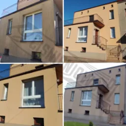 Elewacja budynku mieszkalnego w odcieniach beżu, z balkonem na pierwszym piętrze i schodami wejściowymi, prezentowana w czterech ujęciach.