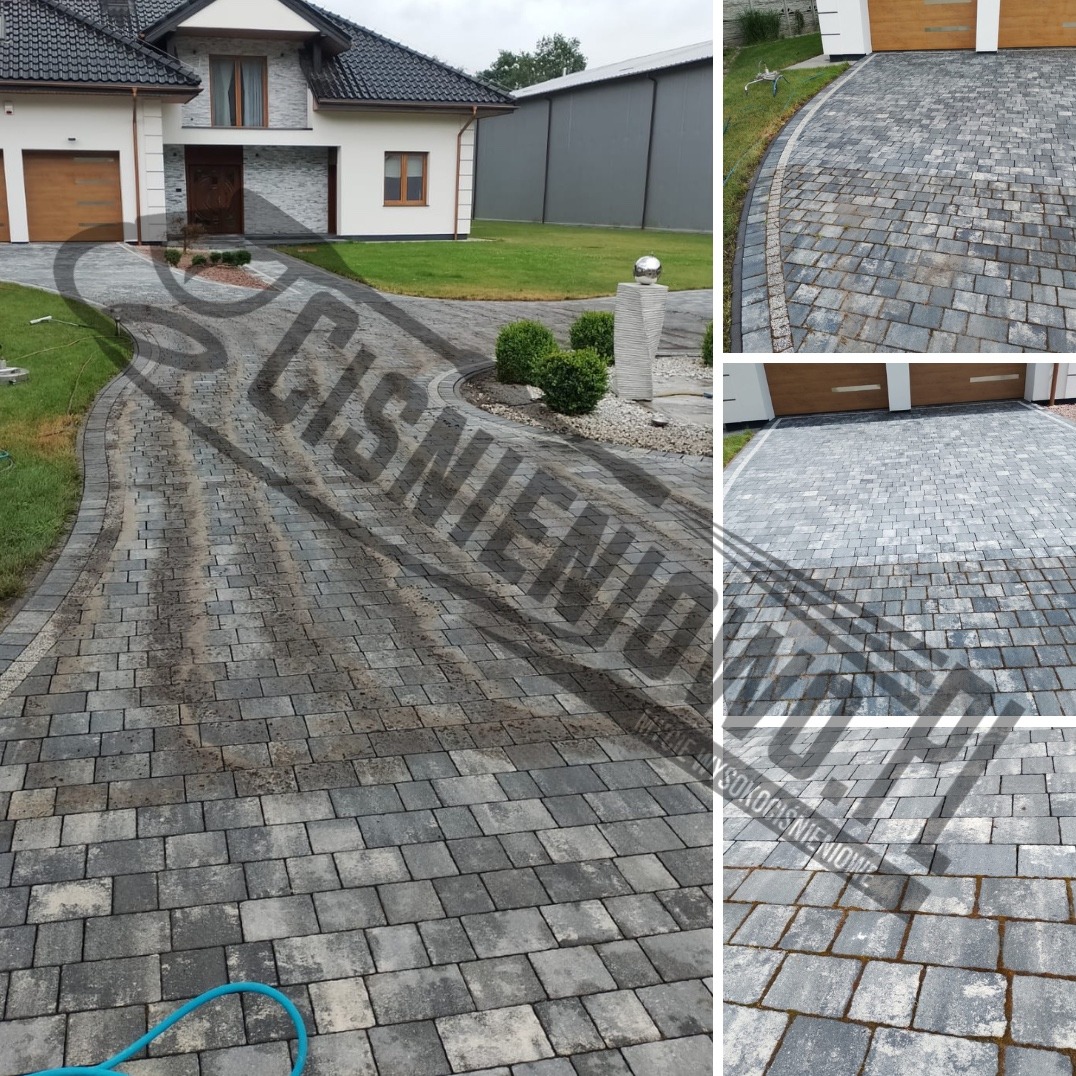 Częściowo umyta kostka brukowa przed domem z dwustanowiskowym garażem, widoczny niebieski wąż ogrodowy i różnica w kolorze między czystą a brudną kostką.