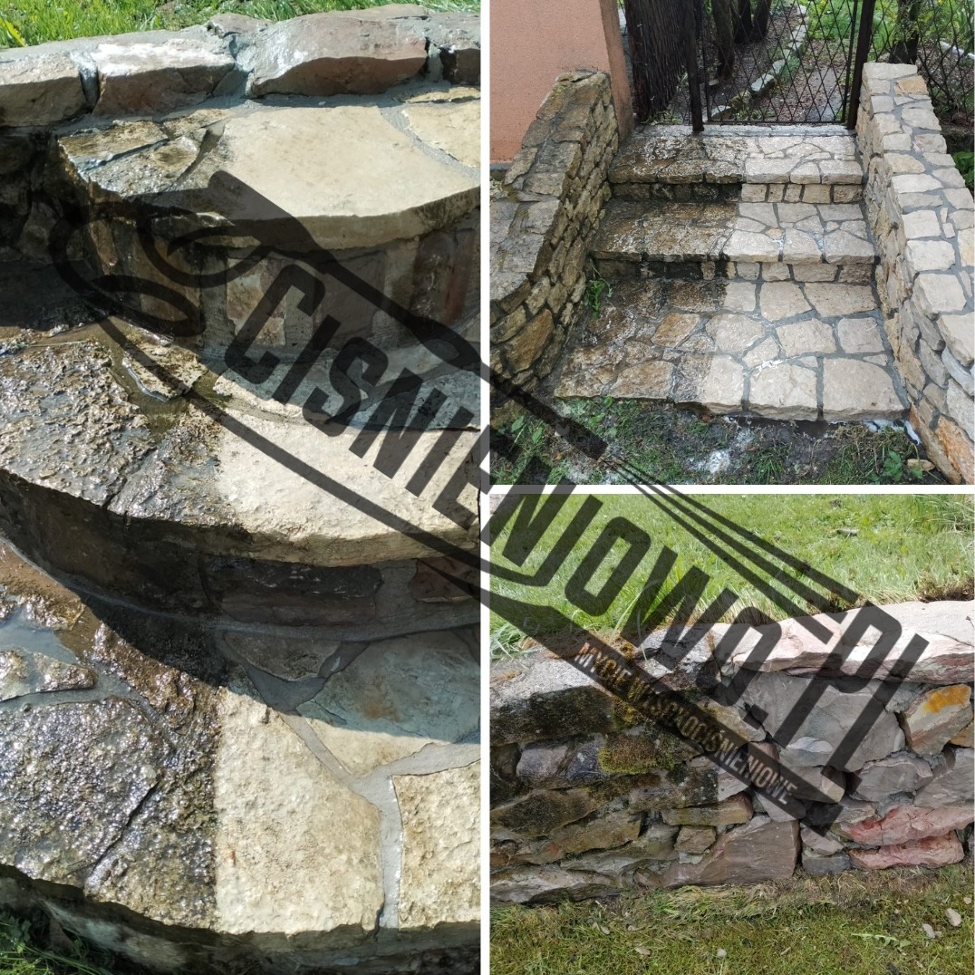 Kamienne schody i murki przed i po czyszczeniu ciśnieniowym, widoczna różnica w kolorze i usunięcie zabrudzeń, zbliżenie na detale kamiennej konstrukcji.