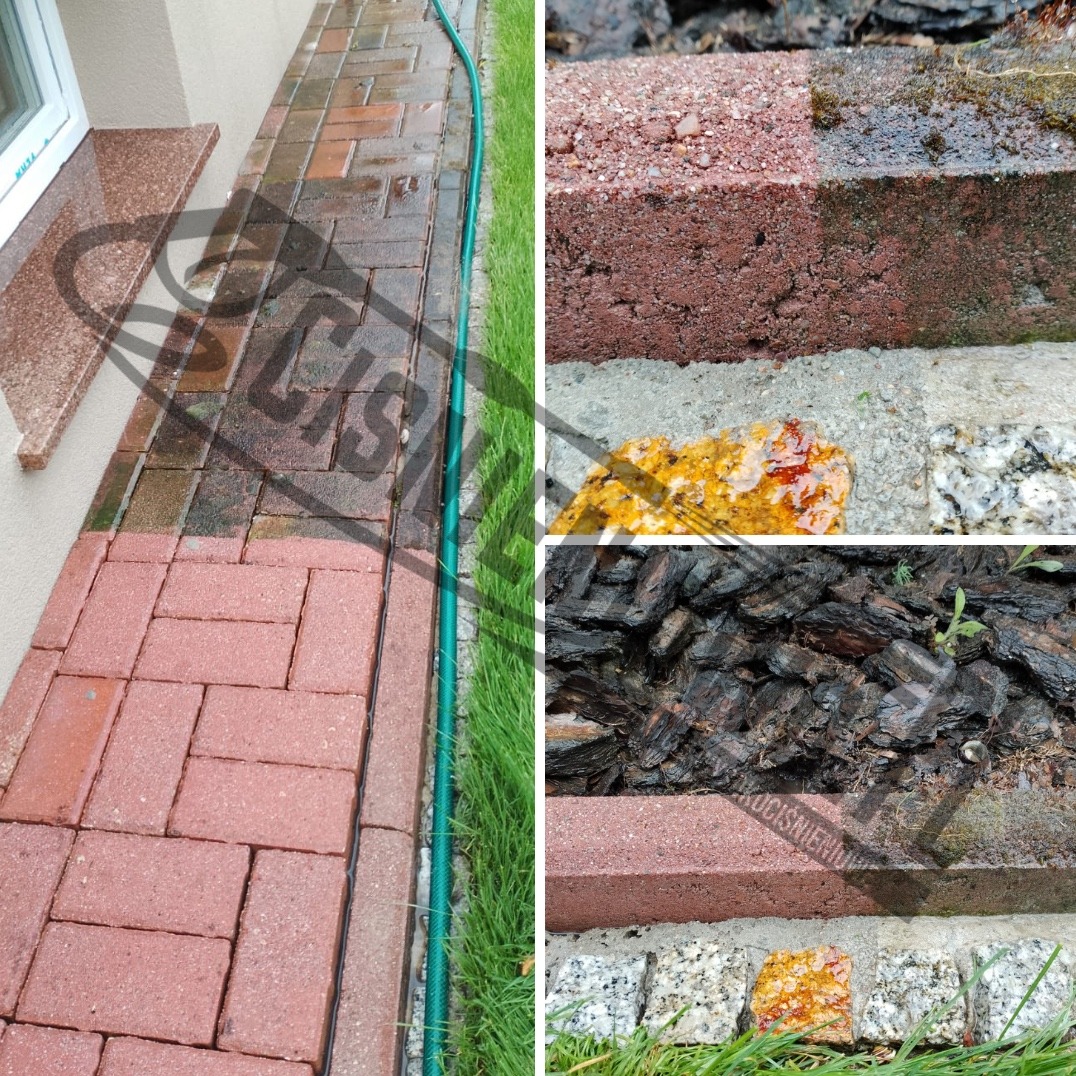 Porównanie stanu kostki brukowej przed i po czyszczeniu, widoczny wąż ogrodowy i fragment elewacji budynku.