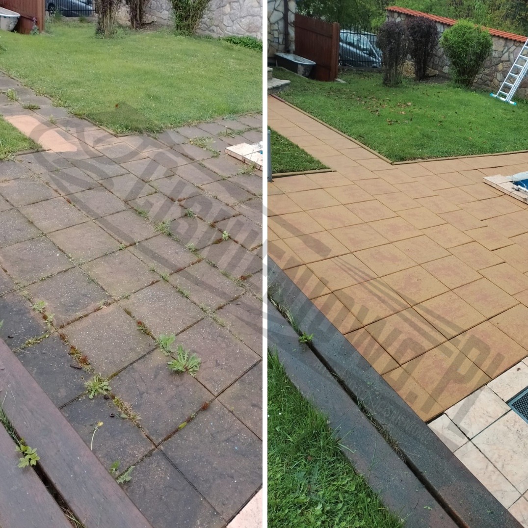 Porównanie kostki brukowej przed i po czyszczeniu: po lewej stronie zabrudzona i porośnięta chwastami, po prawej czysta, w kolorze piaskowym, z widocznym trawnikiem i elementami ogrodu w tle.