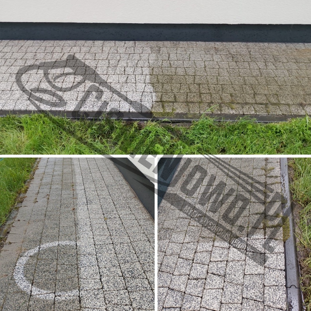 Częściowo wyczyszczona kostka brukowa, widoczne różnice w kolorze i zabrudzeniach, trawa wzdłuż krawędzi, ślady czyszczenia w kształcie półkola.