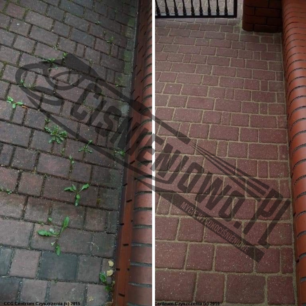 Porównanie stanu kostki brukowej przed i po czyszczeniu: po lewej stronie zabrudzona kostka z chwastami, po prawej wyczyszczona, czerwona kostka brukowa.