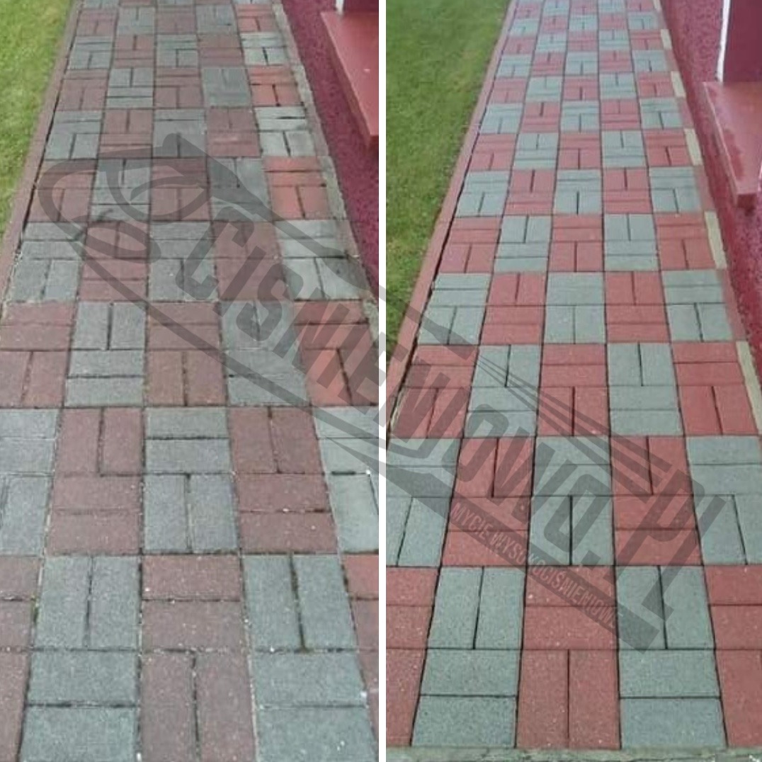 Porównanie stanu kostki brukowej przed i po czyszczeniu: lewa strona zabrudzona, prawa strona czysta, ukazująca czerwoną i szarą kostkę w szachownicę.