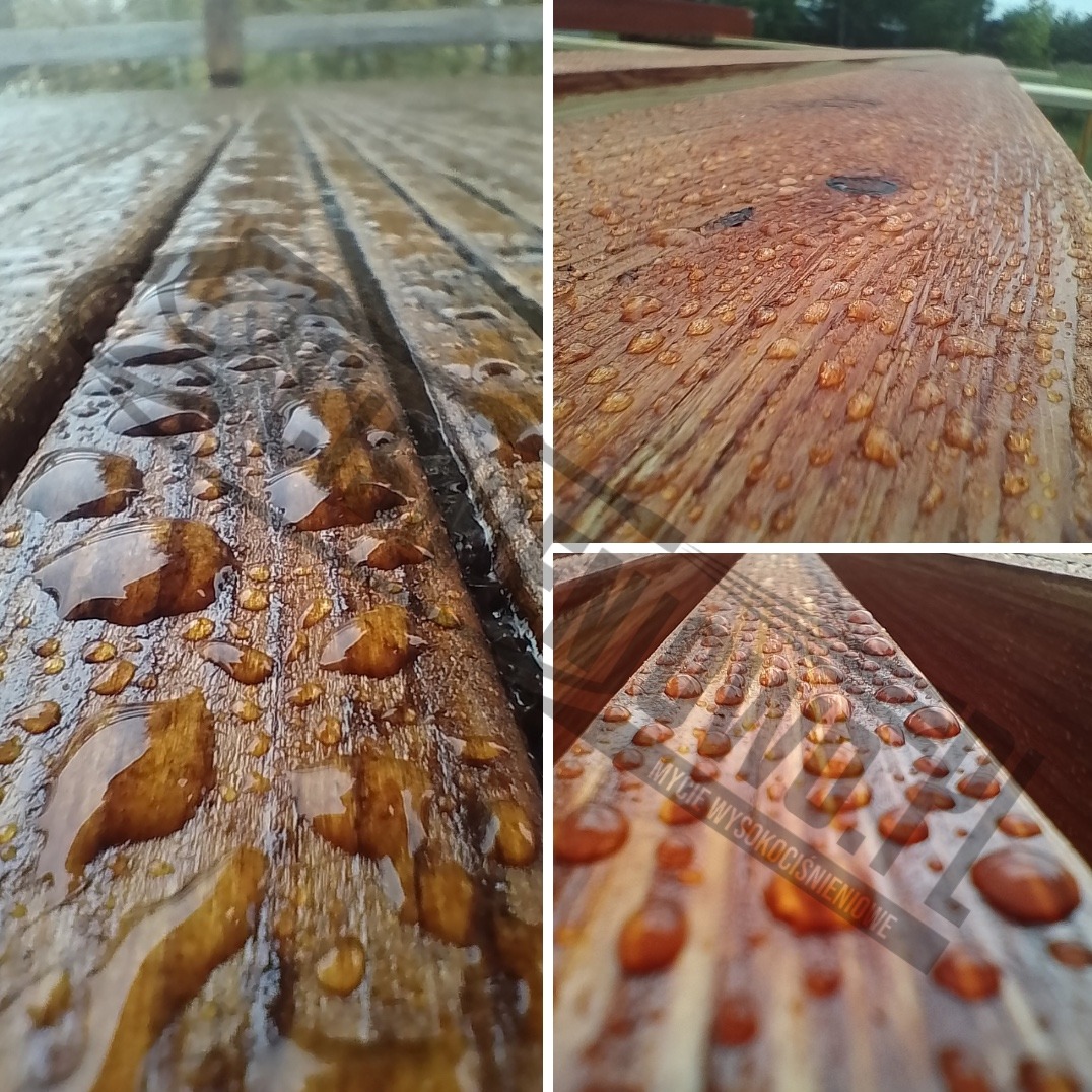 Drewniana powierzchnia tarasu po deszczu, z wyraźnymi kroplami wody na deskach, widok z bliska w kompilacji trzech ujęć.