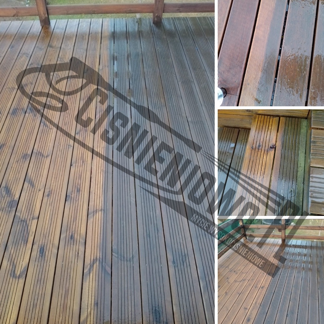 Częściowo wyczyszczona drewniana deska tarasowa, widoczna różnica w kolorze i strukturze między umytą a brudną powierzchnią, zarys balustrady w tle.