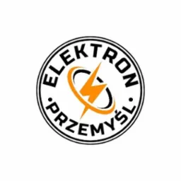 Okrągłe logo firmy Elektron Przemysł z pomarańczowym symbolem błyskawicy wewnątrz.