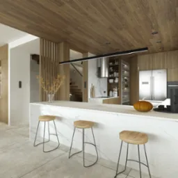 Nowoczesna kuchnia z wyspą wykończoną marmurem, drewniany sufit, oświetlenie liniowe LED, minimalistyczne krzesła barowe z drewnianymi siedziskami, dekoracyjna dynia na blacie.