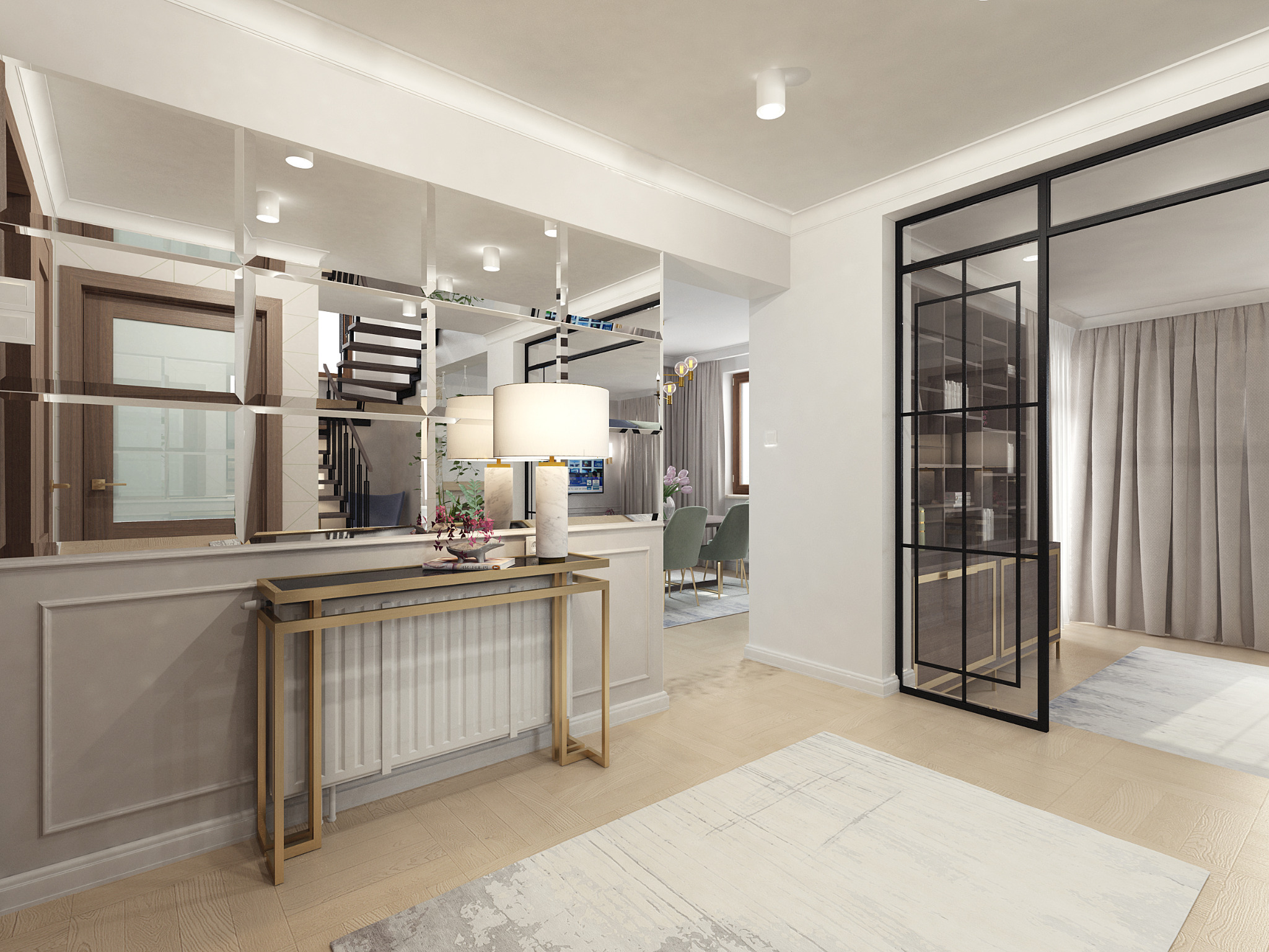 Elegancki przedpokój z lustrzaną ścianą, konsolą ze złotymi nogami, lampą stołową i czarną, przeszkloną ścianką działową. W tle widoczna jadalnia i schody.