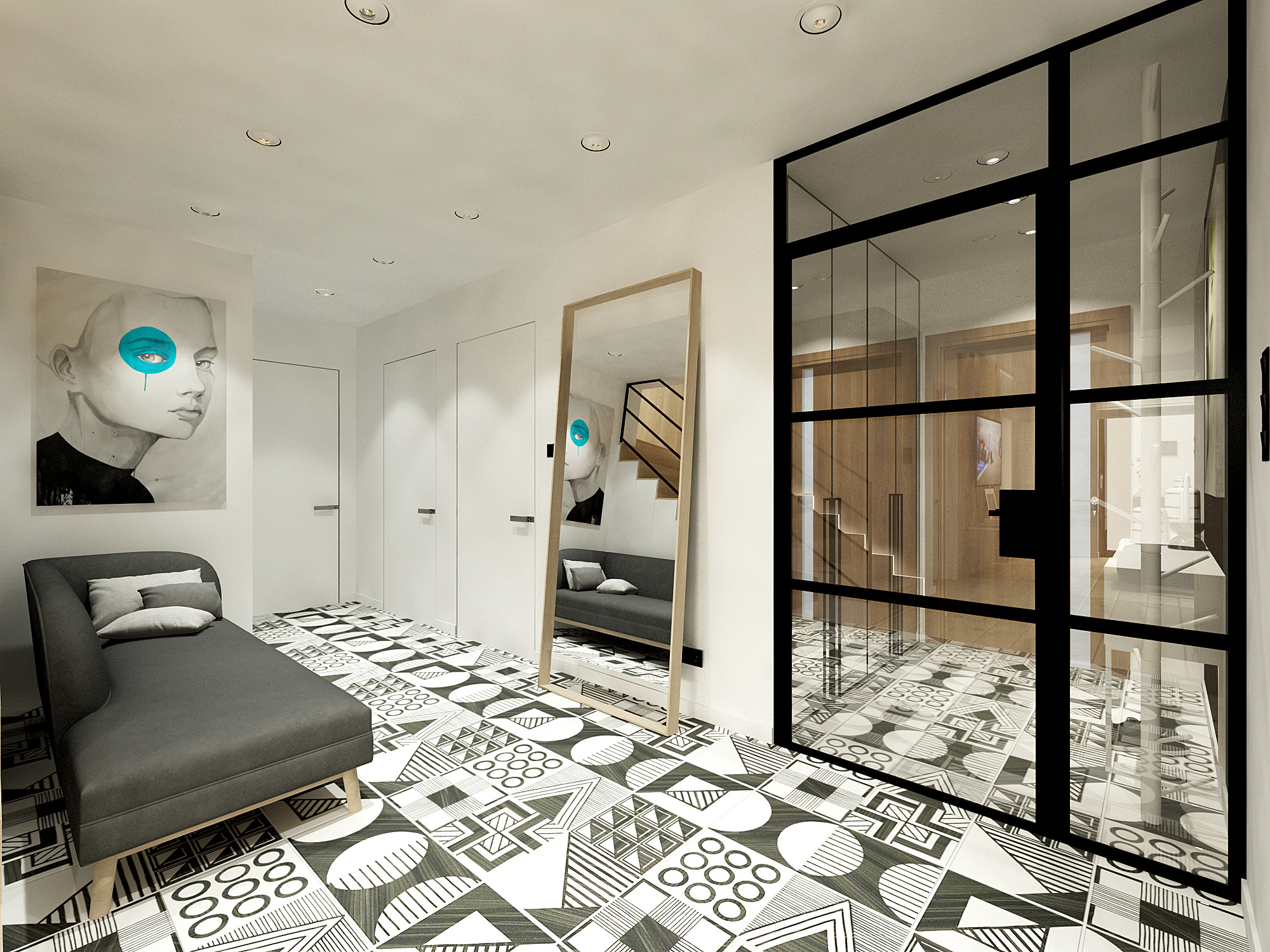 Wnętrze z szarą leżanką, lustrem w drewnianej ramie odbijającym sofę, czarną przeszkloną ścianą działową i wzorzystą czarno-białą podłogą.