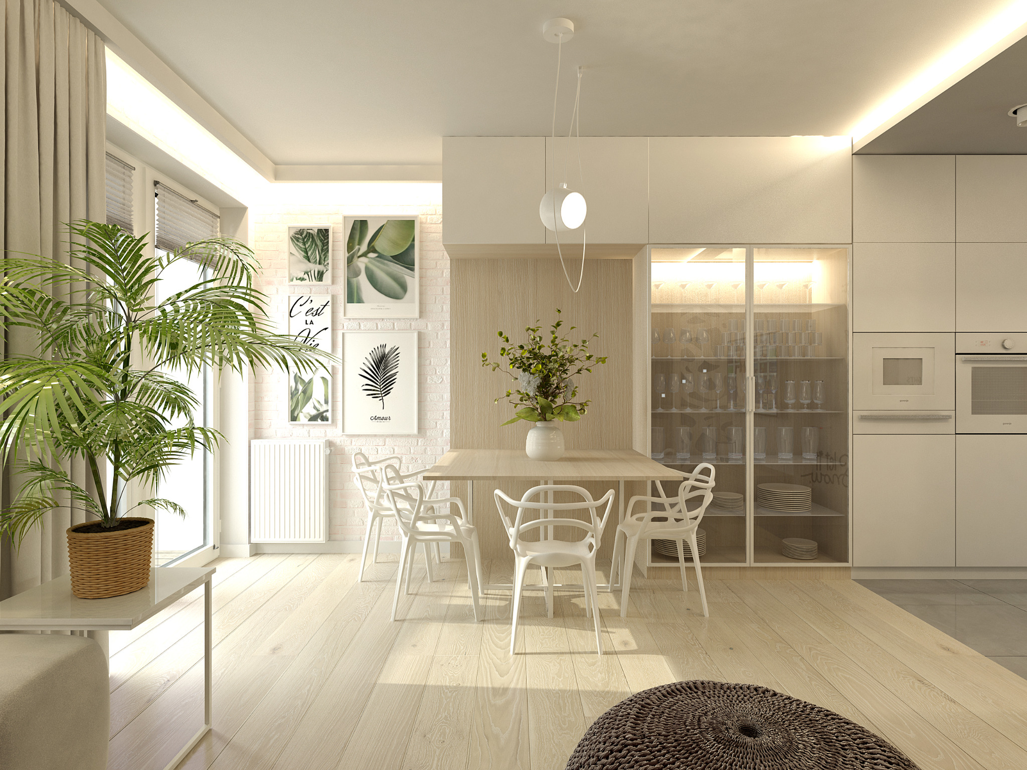 Jasne, przestronne wnętrze jadalni z drewnianą podłogą, białymi krzesłami i stołem, minimalistyczną lampą wiszącą, rośliną w doniczce przy oknie oraz dekoracjami ściennymi w postaci grafik...