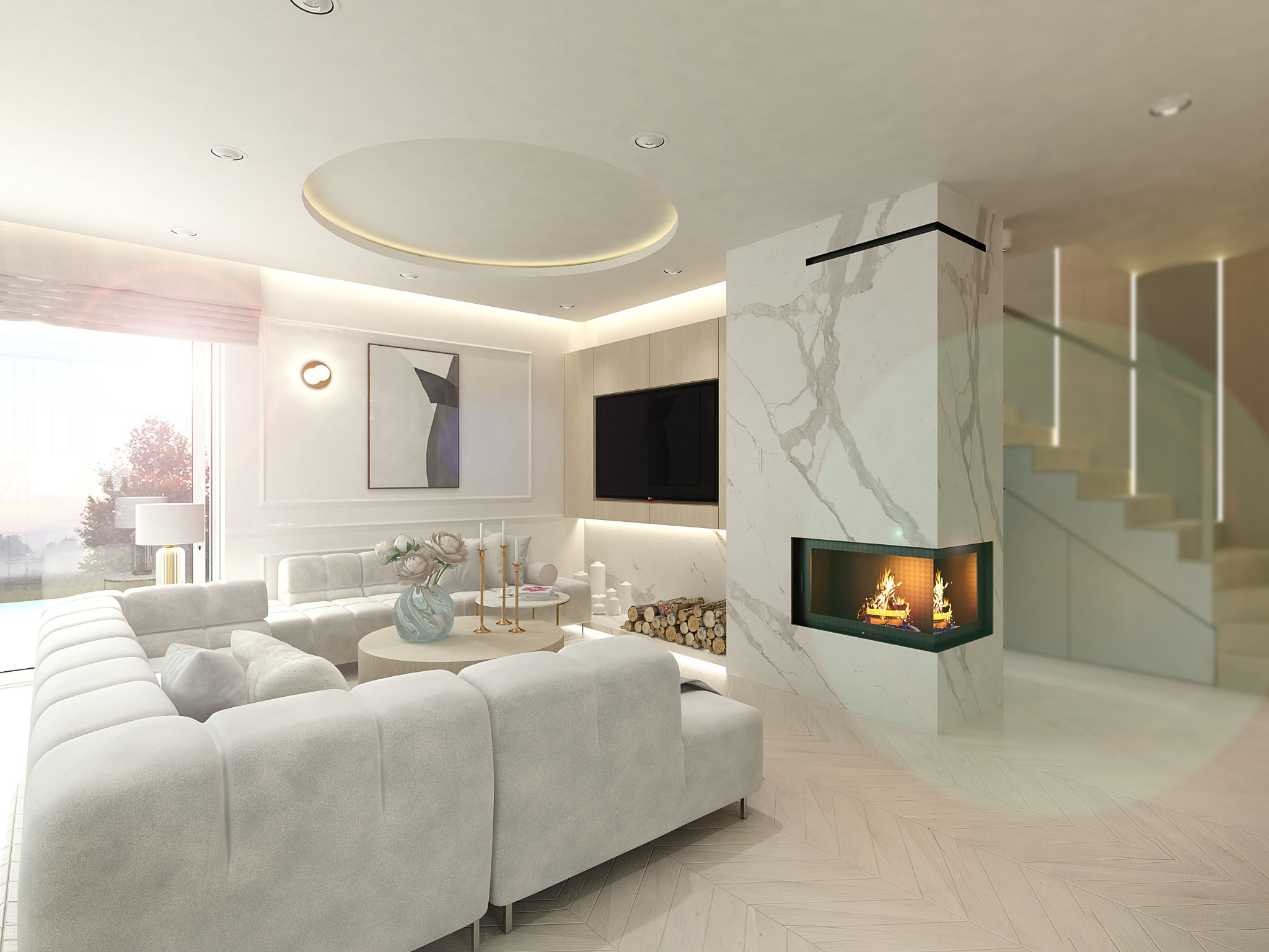 Jasne wnętrze salonu z dużym narożnikiem, marmurowym kominkiem i parkietem w jodełkę, oświetlone ciepłym światłem.